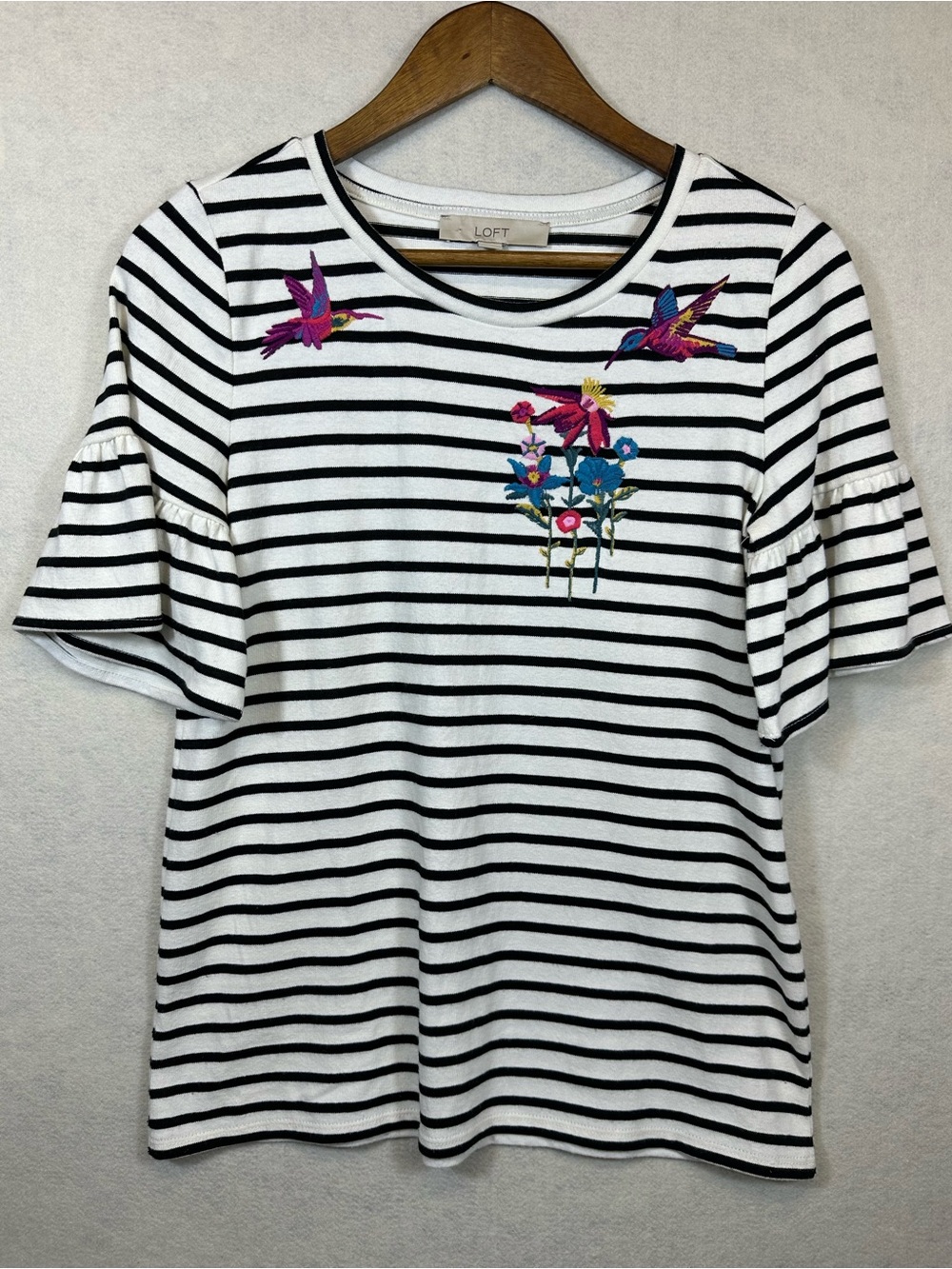 LOFT Embroidered Hummingbird Stripe Bell Sleeve Top XS Boho
